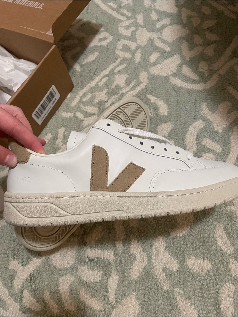 Veja V-12 Leather Sneakers in White and Beige - Picture 6 of 6